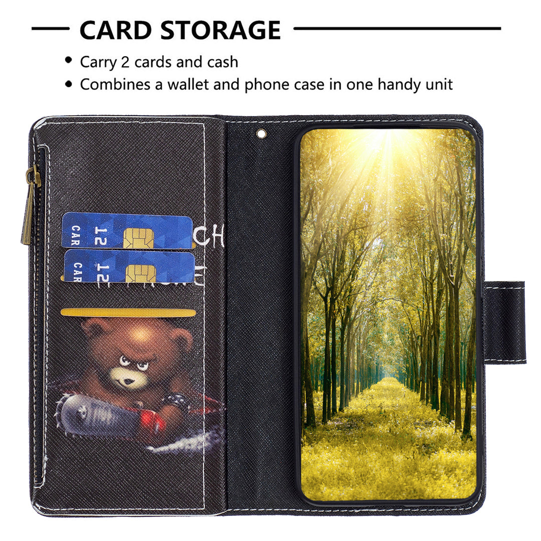 BF03 Zipper Pocket Phone Cover for iPhone 15 Pro Max , Pattern Printing Stand PU Leather Wallet Case - Bear BF03 Zipper Pocket Phone Cover for iPhone 15 Pro Max , Pattern Printing Stand PU Leather Wallet Case - Bear